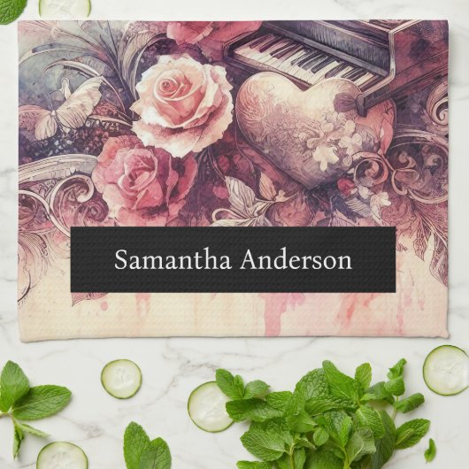 Romantische keuken: Abstracte harten pianomuziek Theedoek (Gevouwen)