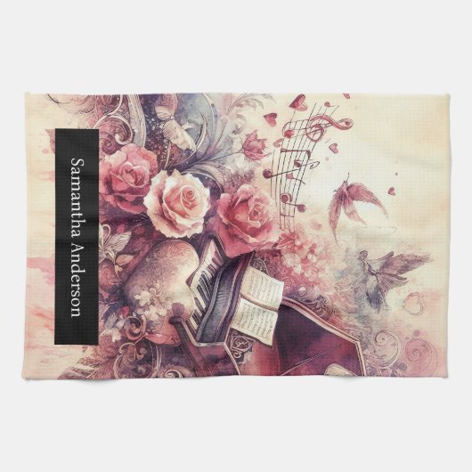 Romantische keuken: Abstracte harten pianomuziek Theedoek (Horizontaal)