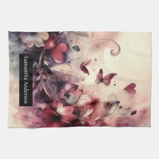 Romantische keuken: Abstracte harten vlinders Theedoek (Horizontaal)
