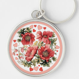 Romantische  Klaprozen en Harten Sleutelhanger
