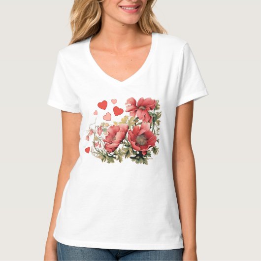 Romantische  Klaprozen en Harten T-shirt (Voorkant)