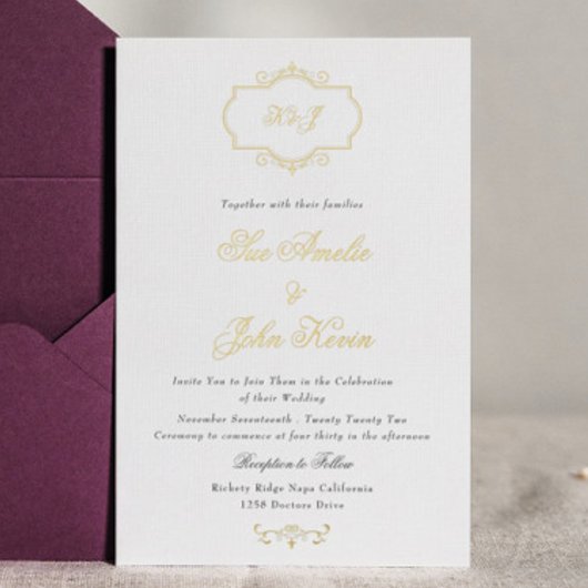 romantische klassieke echte goudmonogram bruiloft folie uitnodiging