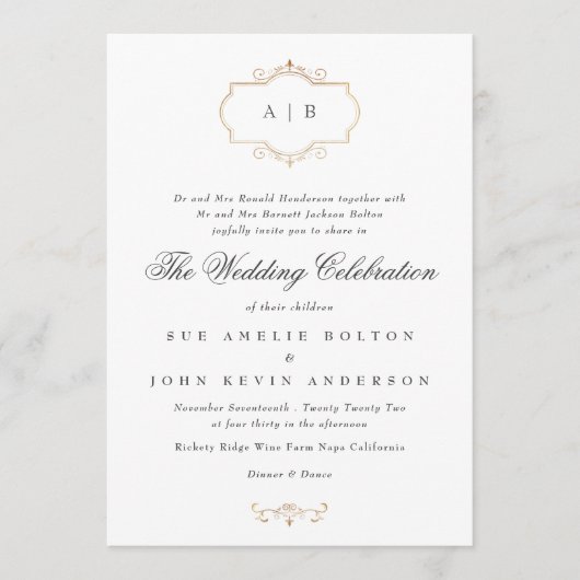 romantische klassieke gouden monogram bruiloft kaart (Voorkant)
