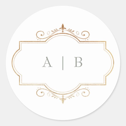 romantische klassieke gouden monogram salie groene ronde sticker (Voorkant)
