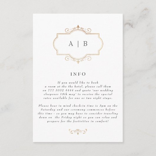 romantische klassieke goudmonogram bruiloft informatiekaartje (Voorkant)