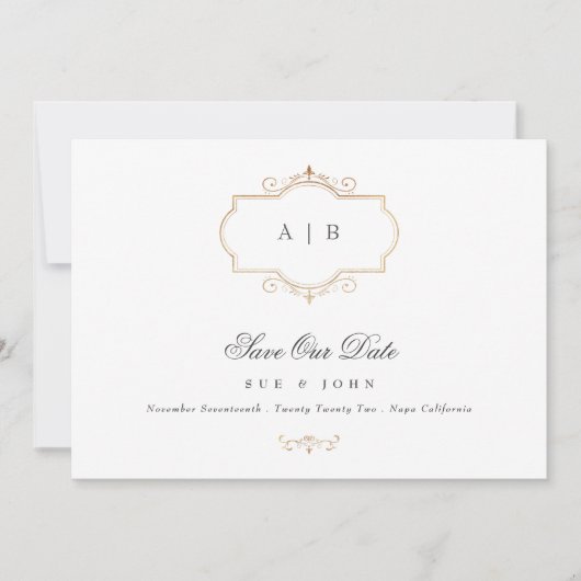 romantische klassieke goudmonogram bruiloft save the date (Voorkant)