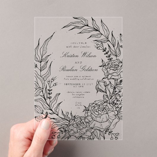 Romantische klassieke zwarte bloemenkrans bruiloft acryl uitnodigingen (Insitu (Draagbaar))