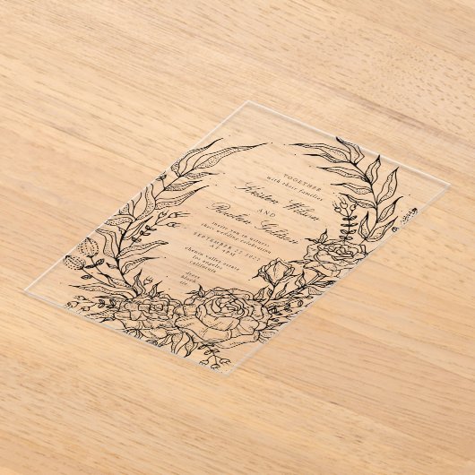 Romantische klassieke zwarte bloemenkrans bruiloft acryl uitnodigingen (Laagn)