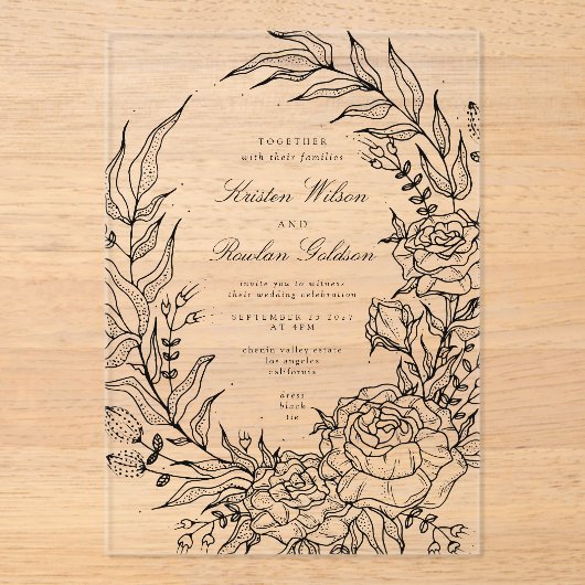 Romantische klassieke zwarte bloemenkrans bruiloft acryl uitnodigingen (Voorkant)