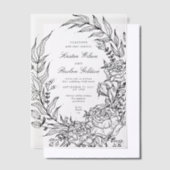 Romantische klassieke zwarte bloemenkrans bruiloft vellum uitnodigingen (Offset)