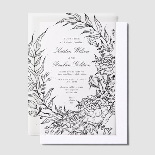 Romantische klassieke zwarte bloemenkrans bruiloft vellum uitnodigingen (Offset)