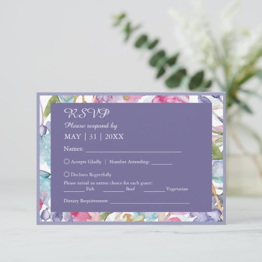 romantische kleurrijke wildflower groen bruiloft RSVP kaartje (Staand voorkant)
