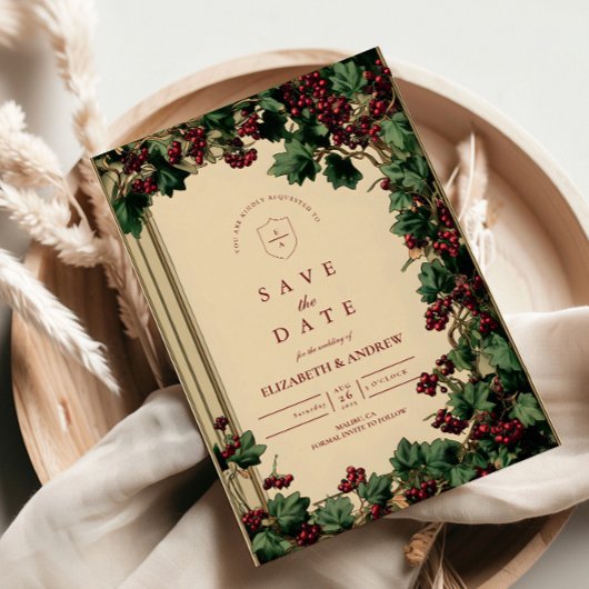 Romantische klimop- en besbruiloft save the date