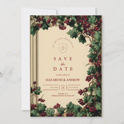 Romantische klimop- en besjesbruiloft save the date (Voorkant)