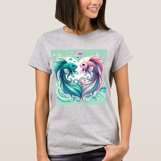 Romantische Koi Fish Heart Design T-shirt (Voorkant)