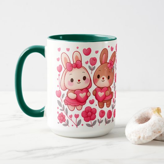 Romantische Konijnen Paar Hart Keramische Mok (Met donut)