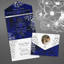 Romantische Koninklijk Blauwe Bloemen Bruiloftsinv All In One Uitnodiging