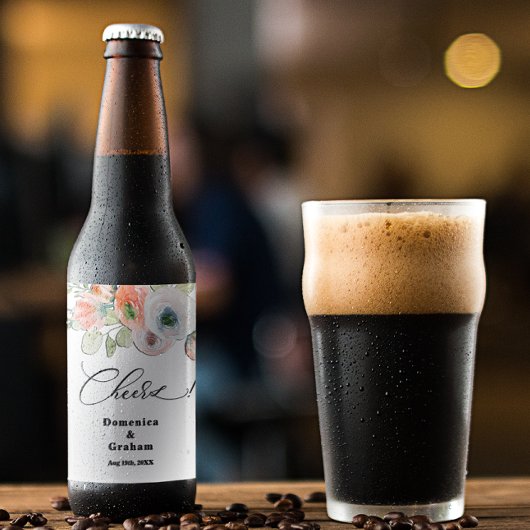 Romantische koraal bloemenbruiloft bier etiket
