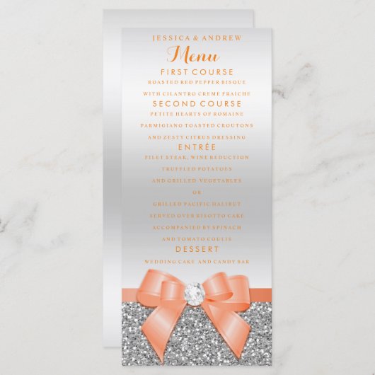 Romantische koraal boog & zilveren glitter bruilof menu (Voorkant / Achterkant)