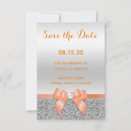 Romantische koraal lint & zilveren glitters bruilo save the date