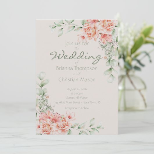 Romantische koraal perzik crème en salie groene bl kaart (Staand voorkant)