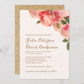 Romantische koraal pioenen op gouden bruiloft uitn kaart (Voorkant / Achterkant)