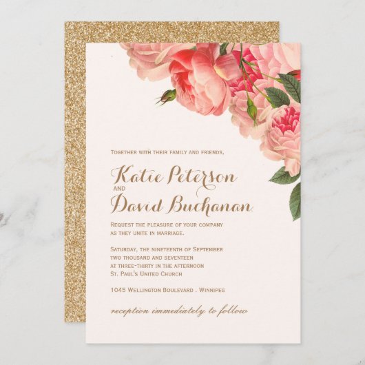 Romantische koraal pioenen op gouden bruiloft uitn kaart (Voorkant / Achterkant)
