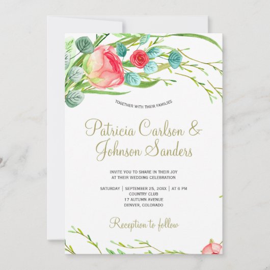 Romantische koraal rode blush rozen krans bruiloft kaart (Voorkant)