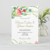 Romantische koraal rode blush rozen krans bruiloft kaart (Staand voorkant)