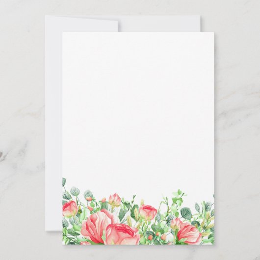 Romantische koraal rode blush rozen krans bruiloft kaart (Achterkant)