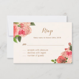 Romantische koraalrode pioenrozen en gouden glitte RSVP kaartje