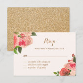 Romantische koraalrode pioenrozen en gouden glitte RSVP kaartje (Voorkant / Achterkant)