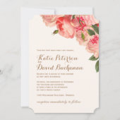 Romantische koraalrode pioenrozen op gouden trouwk kaart (Voorkant)