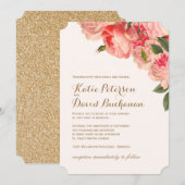 Romantische koraalrode pioenrozen op gouden trouwk kaart (Voorkant / Achterkant)