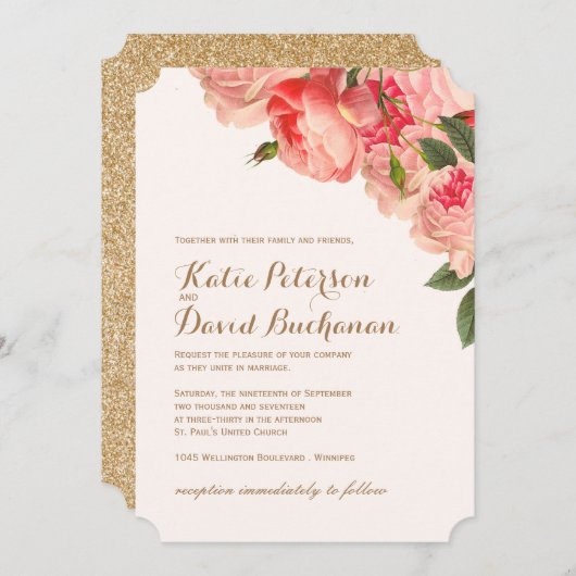 Romantische koraalrode pioenrozen op gouden trouwk kaart (Voorkant / Achterkant)
