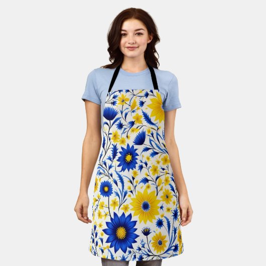 Romantische Korenbloem Blauw en Geel Bloemen Schort (Gedragen)