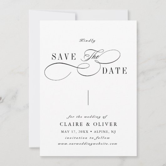 Romantische Krullerige Kalligrafie Zwart & Wit Save The Date (Voorkant)