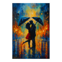 Romantische kus in de regen