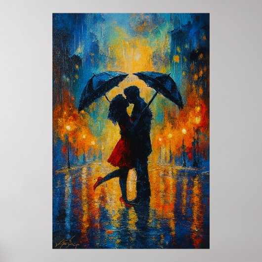 Romantische kus in de regen poster (Voorkant)