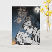 Romantische kus onder vuurwerk wenskaart kaart (Gele Bloem)