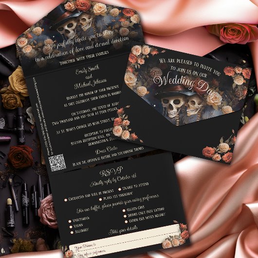 Romantische kussen skeletten gotische bruiloft all in one uitnodiging