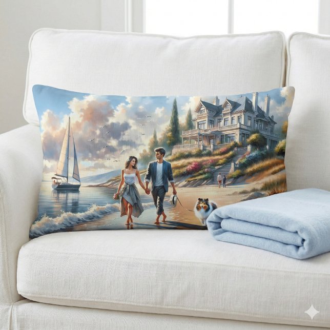 Romantische kusthuisje zonsondergang wandeling kussen (Romantic Coastal Cottage Sunset Stroll Lumbar Pillow Mockup A)