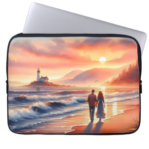 Romantische kustwandeling bij zonsondergang langs laptop sleeve