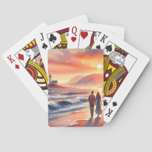 Romantische Kustzonsondergang Vuurtoren Wandel Pokerkaarten