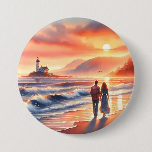 Romantische Kustzonsondergang Vuurtoren Wandel Ronde Button 7,6 Cm