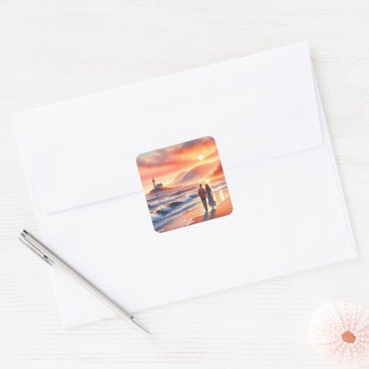 Romantische Kustzonsondergang Vuurtoren Wandel Vierkante Sticker (Envelop)