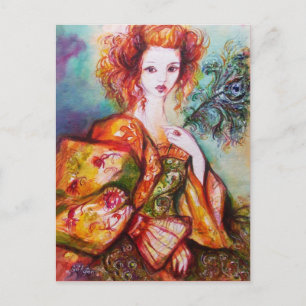 ROMANTISCHE LADY'S EN PEACOCK Blauwgroen blauw Dam Briefkaart