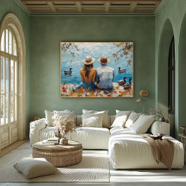 Romantische Lakeside Scene met Eenden en Echtpaar Poster