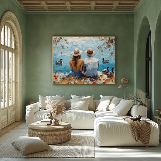 Romantische Lakeside Scene met Eenden en Echtpaar Poster