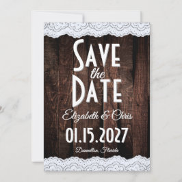 Romantische landelijke chic kant en rustiek hout save the date